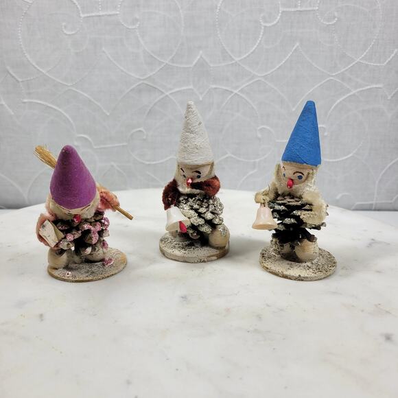 Vtg Christmas Pinecone Elf Gnomes Ornaments Santa Germany Set of 3 Made in Japan - Picture 1 of 16